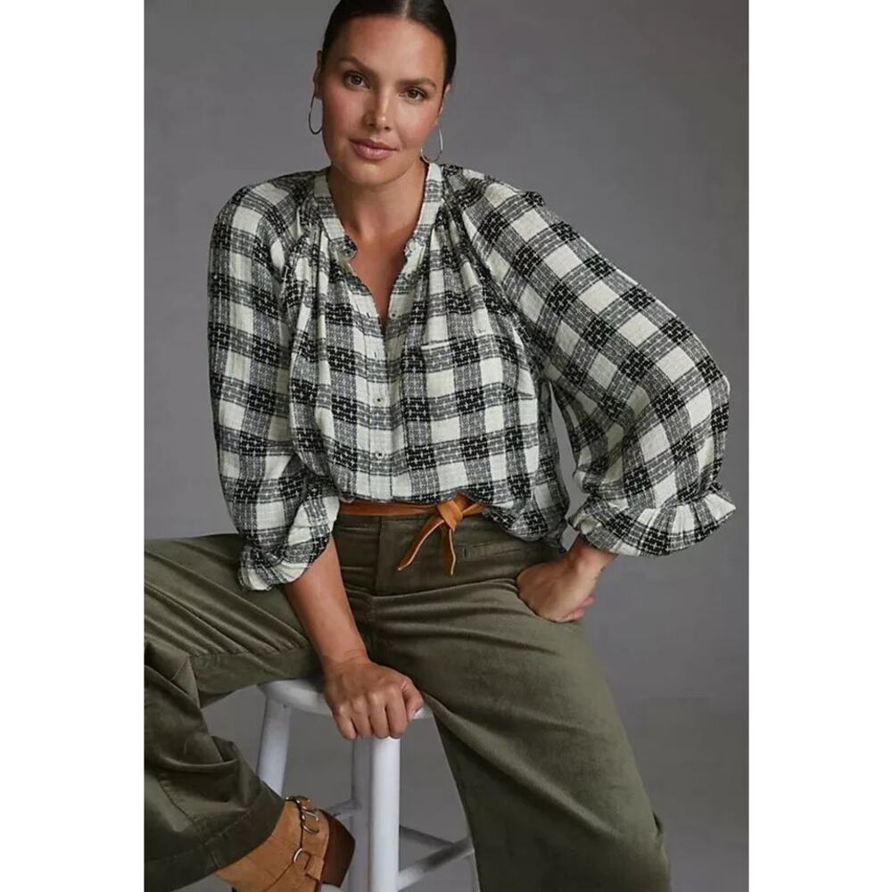 Anthropologie Pilcro Women's Plaid Button-Up Shirt Black Size Small